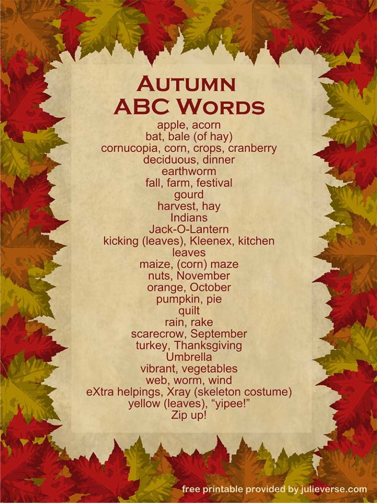 free printable Autumn (Fall) ABC Words